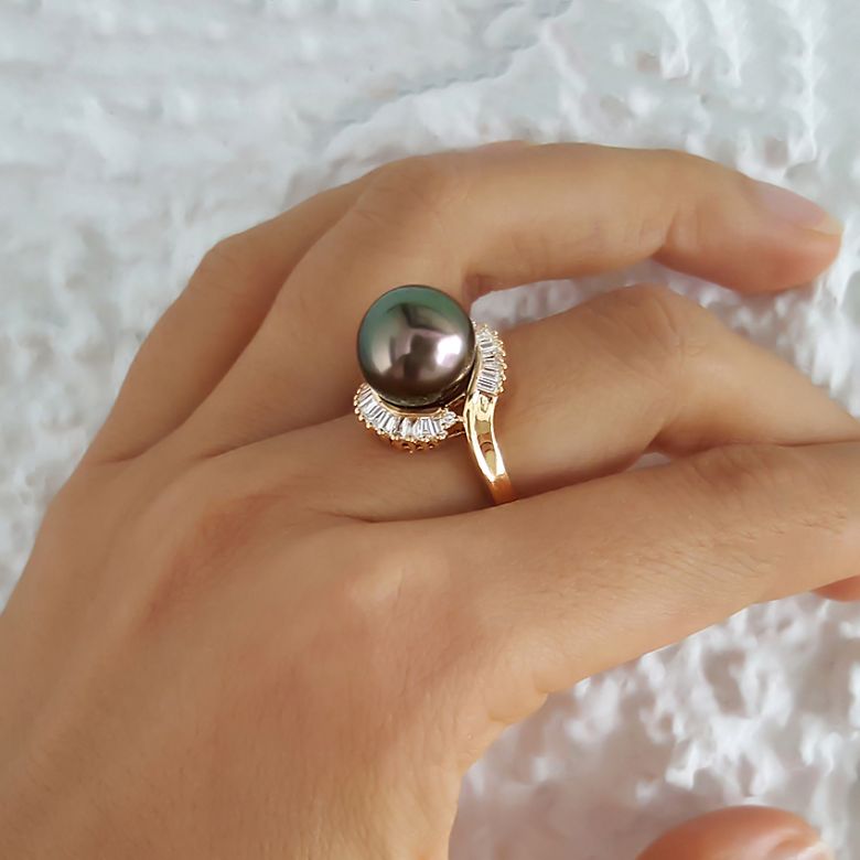Anello Couronne - Oro Giallo, Diamanti e Perla di Tahiti - 4