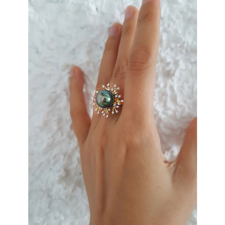 Anello Coraliens - Oro Giallo, Diamanti e Perla di Tahiti - 4