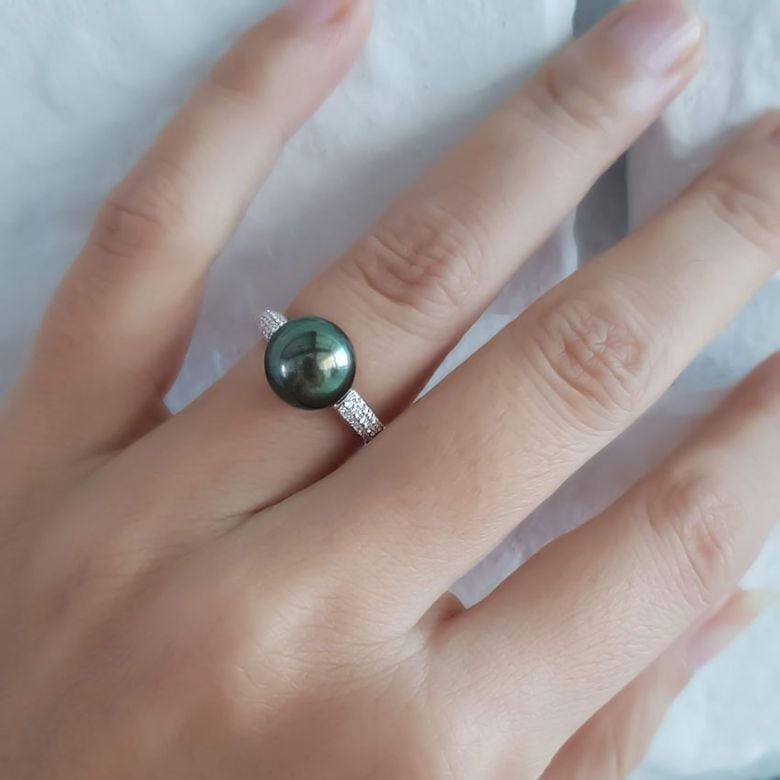 Anello Humboldt - Oro Bianco, Diamanti e Perla di Tahiti - 7
