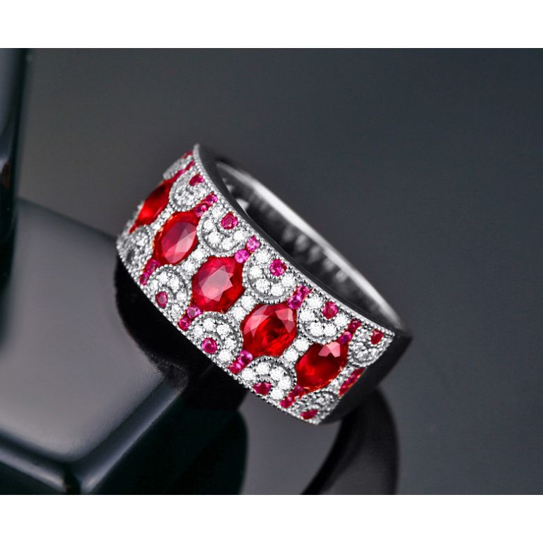 Anello Orientale a Paris - Oro Bianco, Riviera Mezzo Giro di Rubini e Diamanti - 3