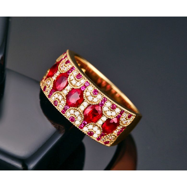 Anello Orientale a Paris - Oro Giallo, Riviera Mezzo Giro di Rubini e Diamanti - 3
