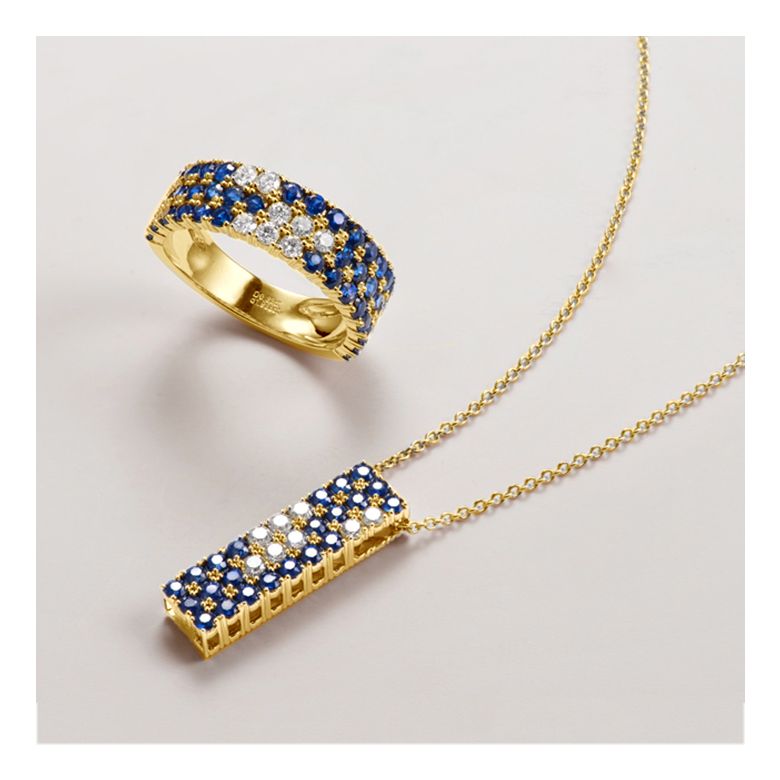 Anello Veretta Blue Lagoon - Oro Giallo, Mezzo Giro di Zaffiri & Diamanti - 4