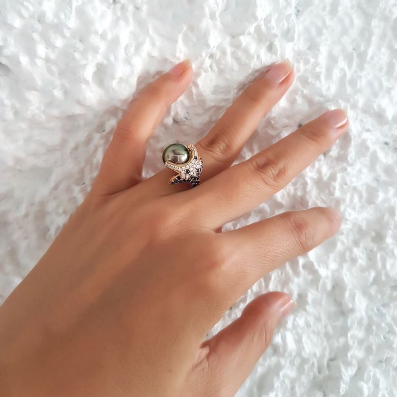 Anello Fatu Hiva - Oro Giallo, Diamanti e Perla di Tahiti - 8