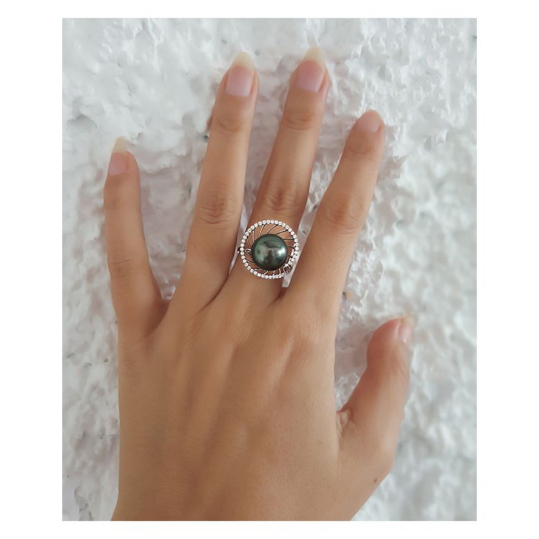 Anello Elliptique - Oro Bianco, Diamanti e Perla di Tahiti - 8