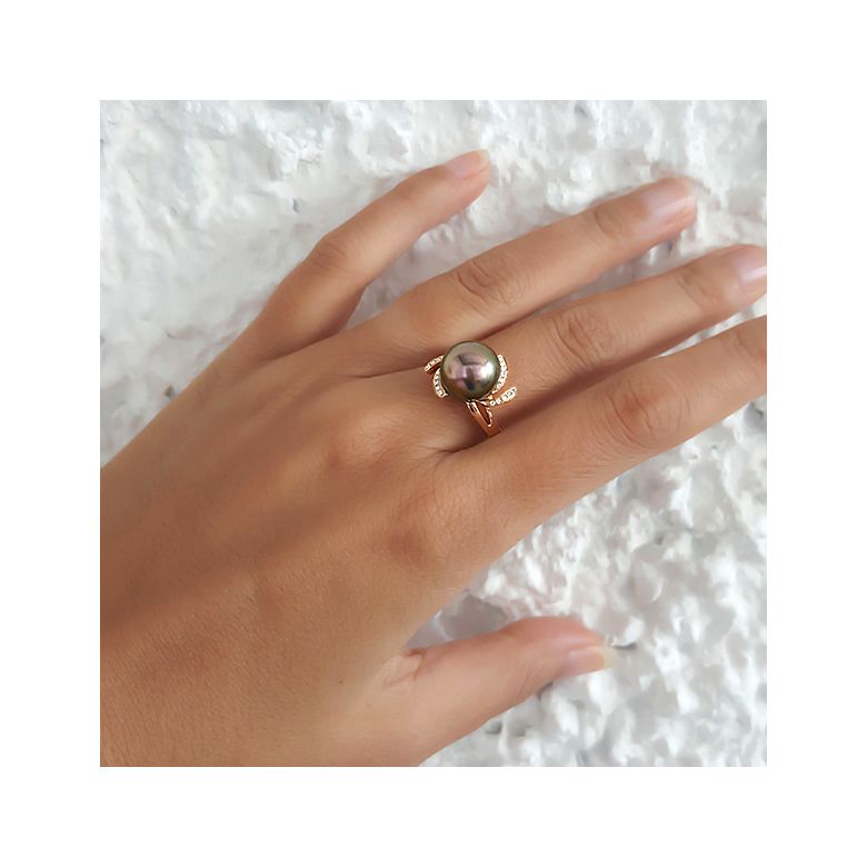 Anello Fiore - Oro Giallo, Diamanti e Perla di Tahiti - 7