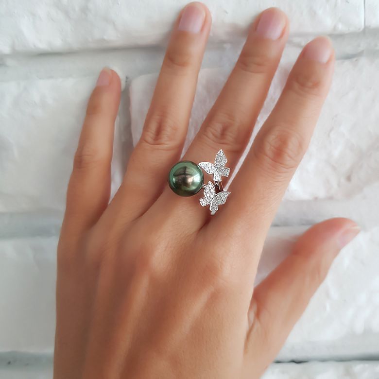 Anello Farfalla Maiao - Oro Bianco, Diamanti e Perla di Tahiti - 7