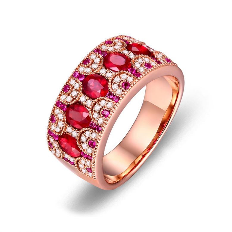 Anello Orientale a Paris - Oro Rosa, Riviera Mezzo Giro di Rubini e Diamanti - 1