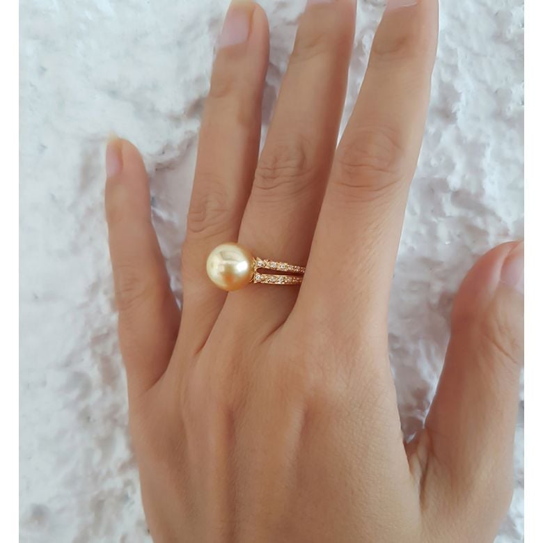 Anello oro giallo, diamanti - Perla d'Australia dorata, gold - 10/11mm - 8