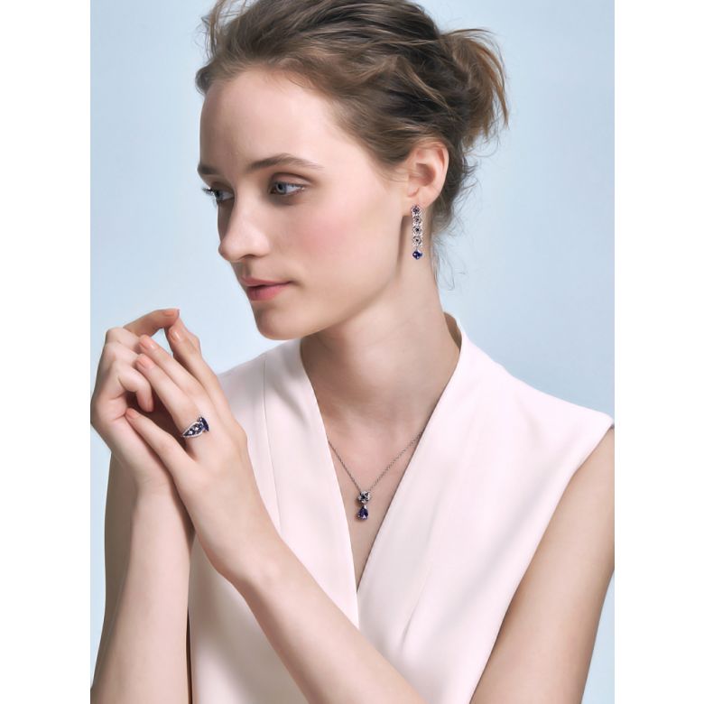 Orecchino zaffiro bleu, diamante - Oro bianco - 7