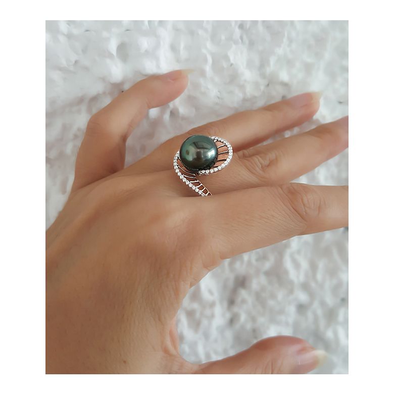 Anello Elliptique - Oro Bianco, Diamanti e Perla di Tahiti - 9