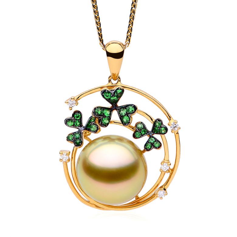 Ciondolo jardin d'été. Perla d'Australia, diamanti, granato vert - 1
