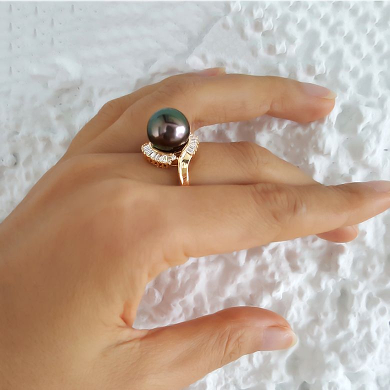 Anello Couronne - Oro Giallo, Diamanti e Perla di Tahiti - 5