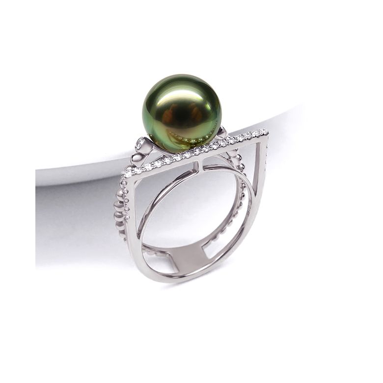 Anello perla di Tahiti, Oro bianco, diamanti - Saperlipopette - 3