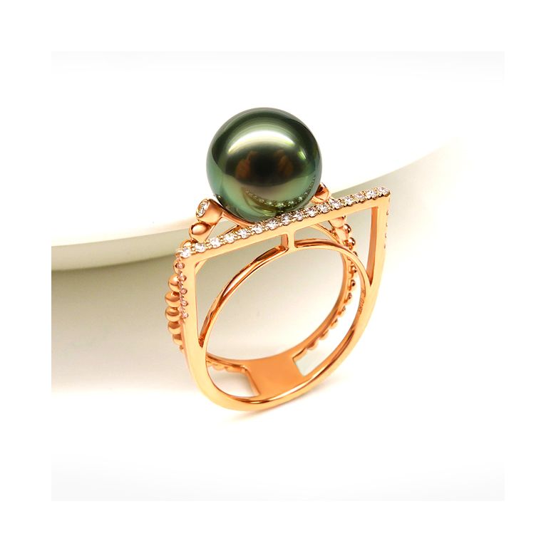 Anello perla di Tahiti, Oro giallo, diamanti - Saperlipopette - 3