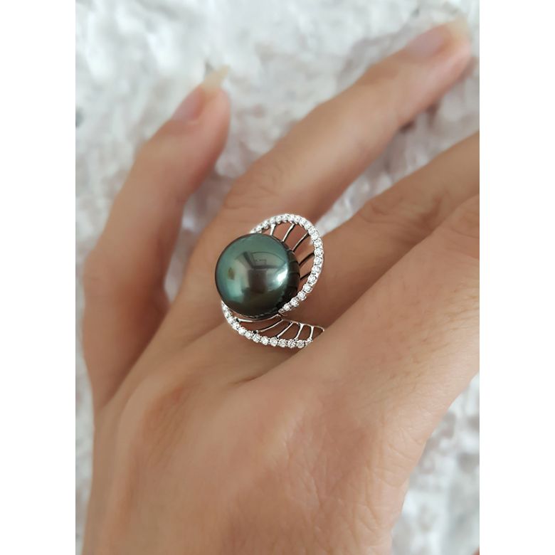 Anello Elliptique - Oro Bianco, Diamanti e Perla di Tahiti - 10