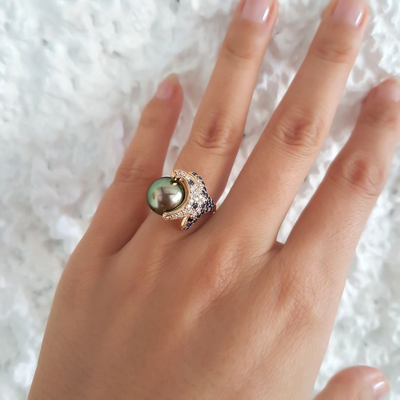 Anello Fatu Hiva - Oro Giallo, Diamanti e Perla di Tahiti - 10