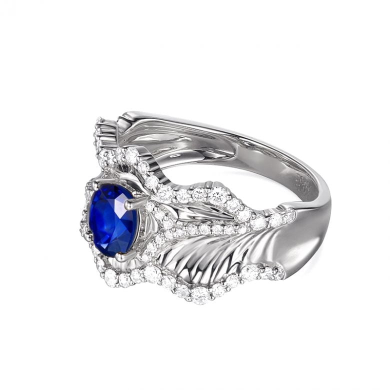 Anello Solitario Composto Floraison - Oro Bianco, Diamanti & Zaffiro - 7