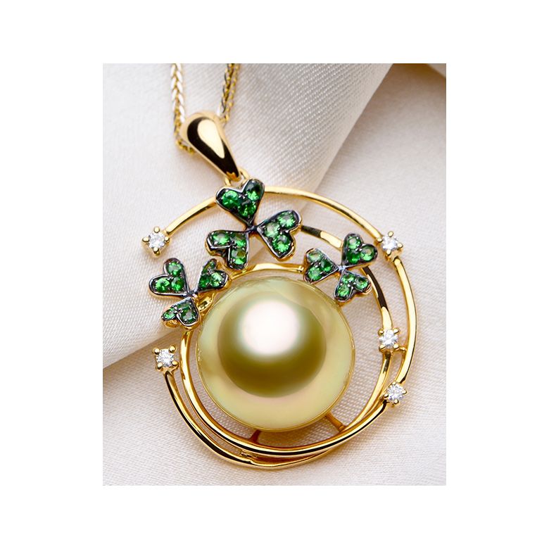 Ciondolo jardin d'été. Perla d'Australia, diamanti, granato vert - 4