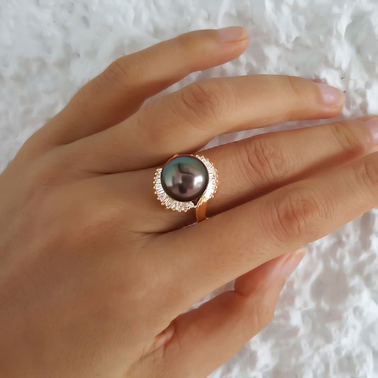 Anello Couronne - Oro Giallo, Diamanti e Perla di Tahiti - 6