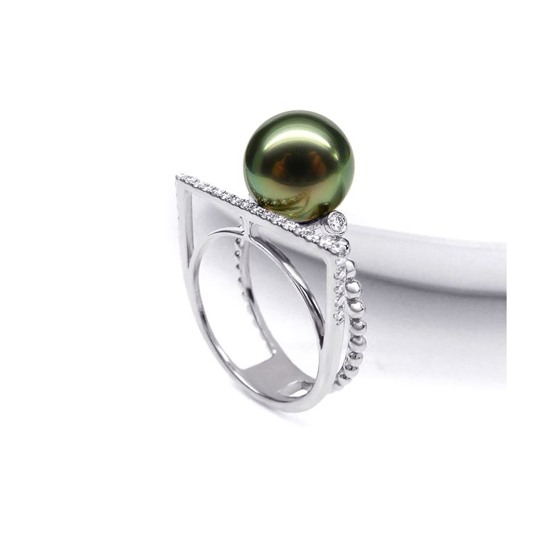Anello perla di Tahiti, Oro bianco, diamanti - Saperlipopette - 4