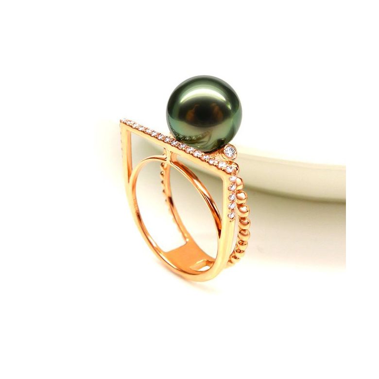 Anello perla di Tahiti, Oro giallo, diamanti - Saperlipopette - 11