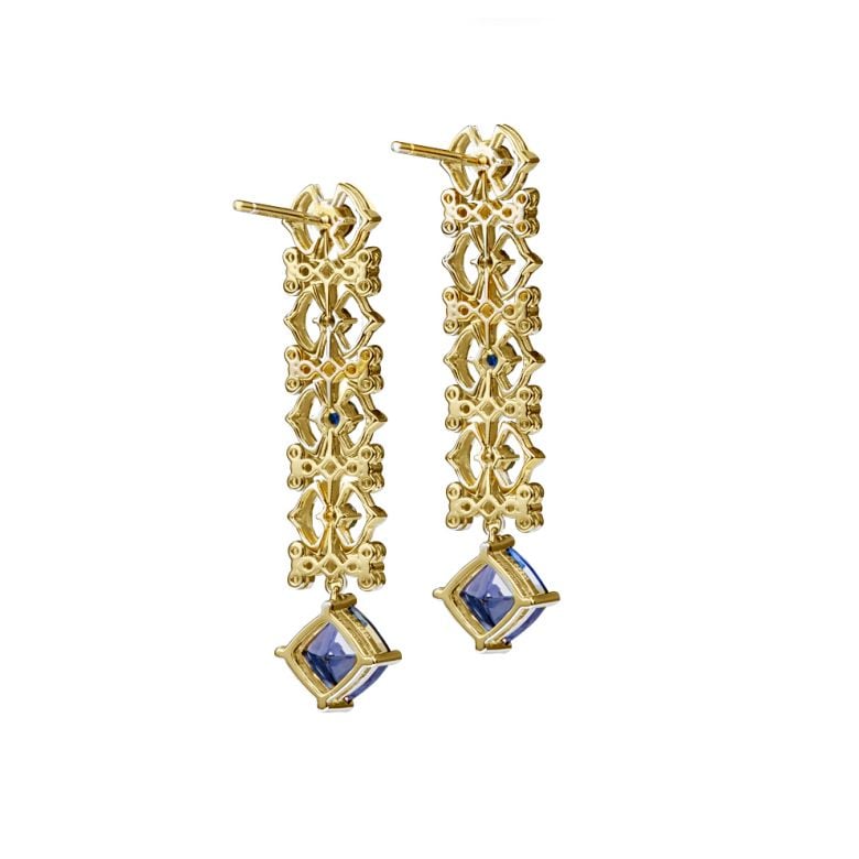 Orecchino Zaffiro blu, diamante - Oro giallo - 8