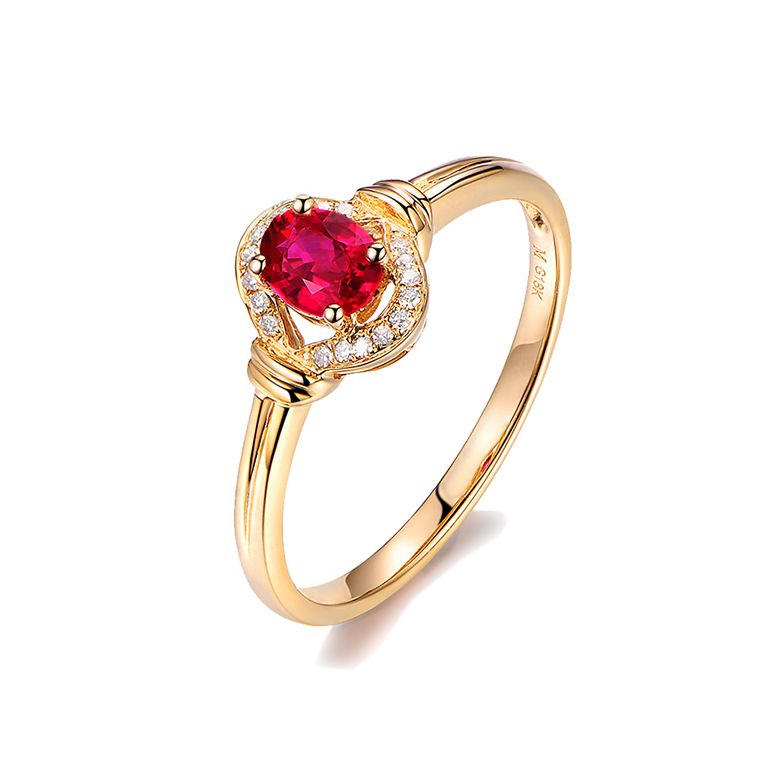 Anello Di Fidanzamento Classico - Oro Giallo, Diamanti & Rubino Birmano - 1
