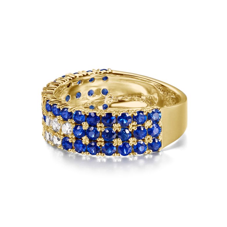 Anello Veretta Blue Lagoon - Oro Giallo, Mezzo Giro di Zaffiri & Diamanti - 6