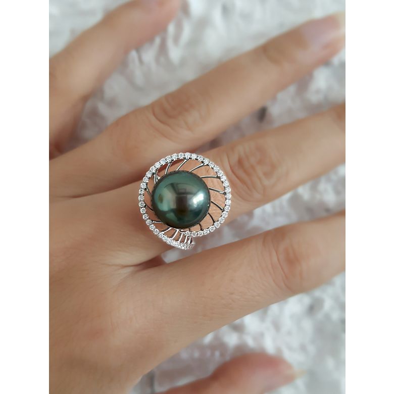 Anello Elliptique - Oro Bianco, Diamanti e Perla di Tahiti - 5