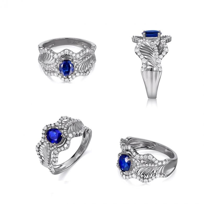 Anello Solitario Composto Floraison - Oro Bianco, Diamanti & Zaffiro - 8