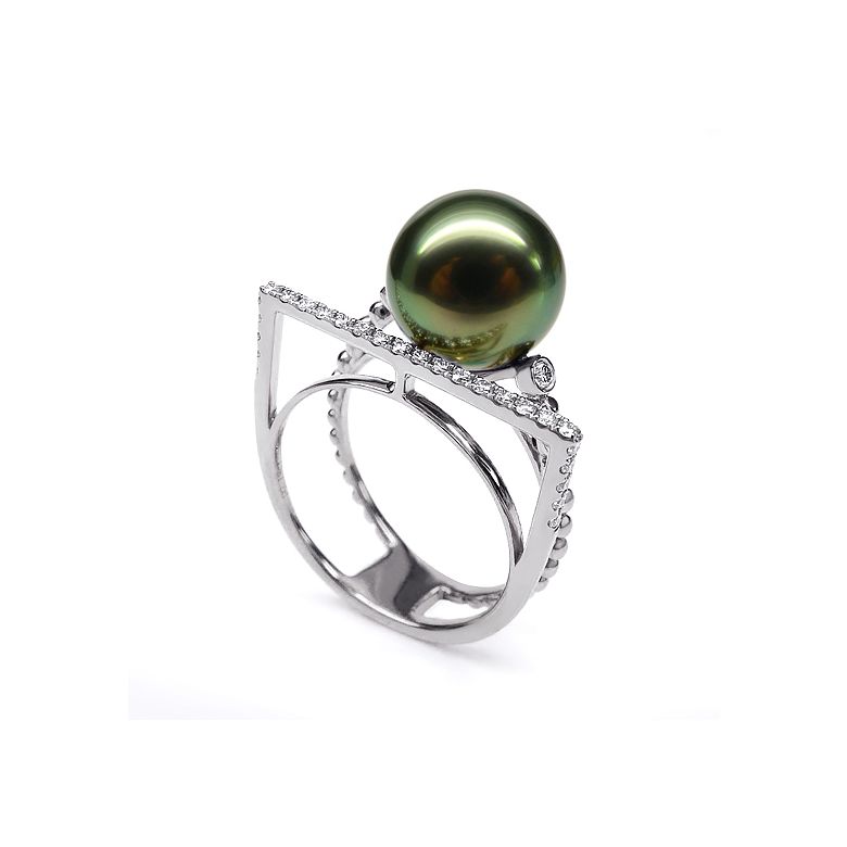 Anello perla di Tahiti, Oro bianco, diamanti - Saperlipopette - 5