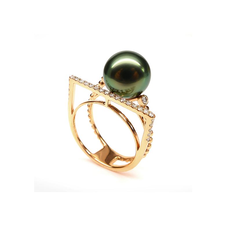 Anello perla di Tahiti, Oro giallo, diamanti - Saperlipopette - 4