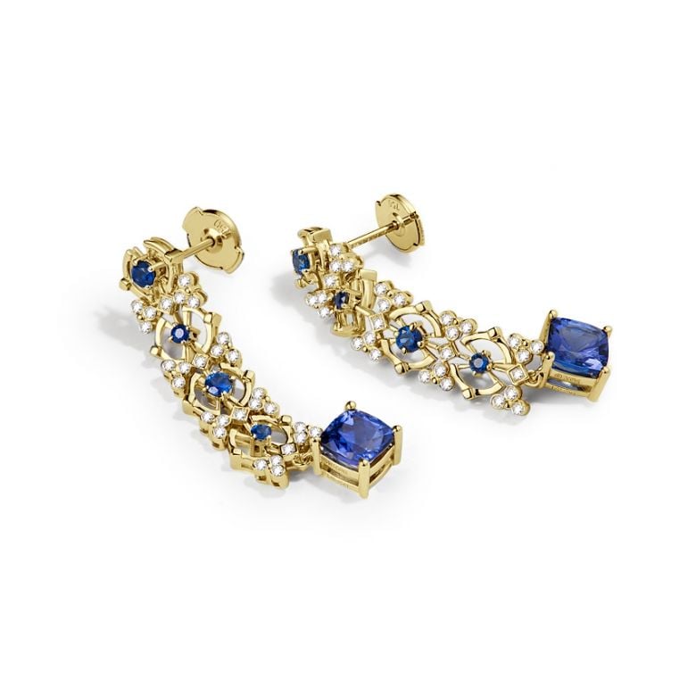 Orecchino Zaffiro blu, diamante - Oro giallo - 5