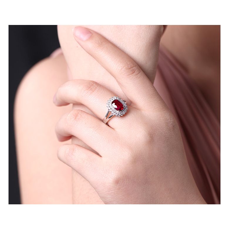 Anello Scintillante - Oro Bianco, Rubino Cuscino & Diamanti - 2