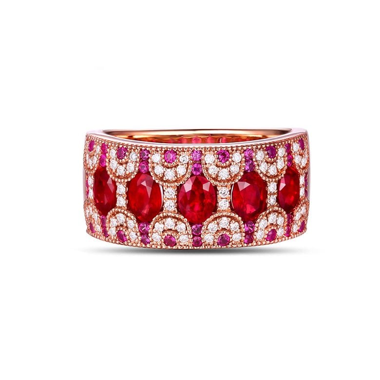 Anello Orientale a Paris - Oro Rosa, Riviera Mezzo Giro di Rubini e Diamanti - 6