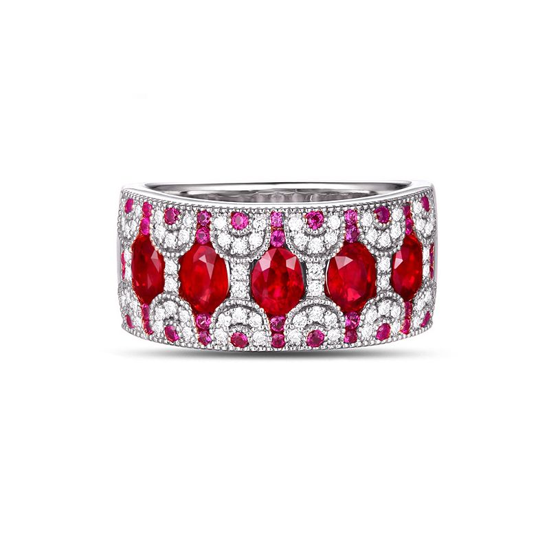 Anello Orientale a Paris - Oro Bianco, Riviera Mezzo Giro di Rubini e Diamanti - 5
