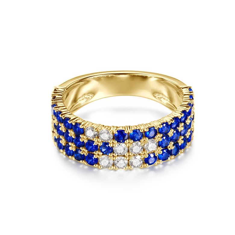 Anello Veretta Blue Lagoon - Oro Giallo, Mezzo Giro di Zaffiri & Diamanti - 5