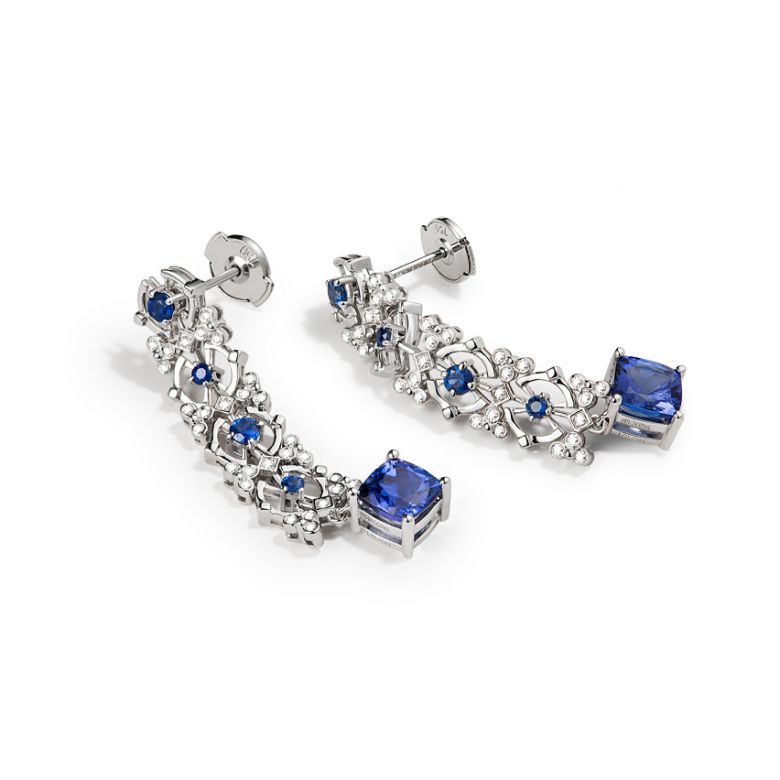 Orecchino zaffiro bleu, diamante - Oro bianco - 8