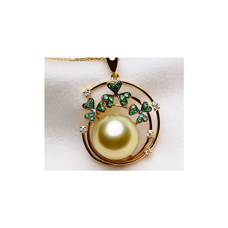 Ciondolo jardin d'été. Perla d'Australia, diamanti, granato vert - 5