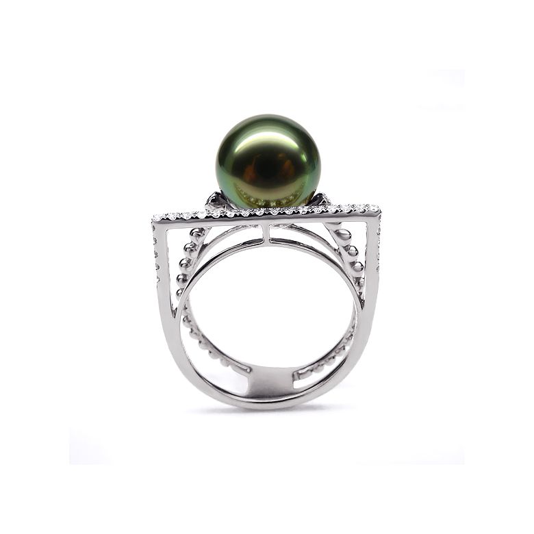 Anello perla di Tahiti, Oro bianco, diamanti - Saperlipopette - 6