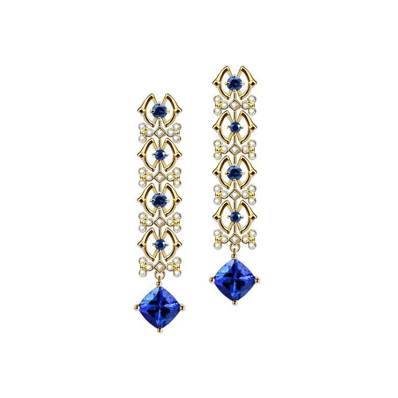Orecchino Zaffiro blu, diamante - Oro giallo - 1