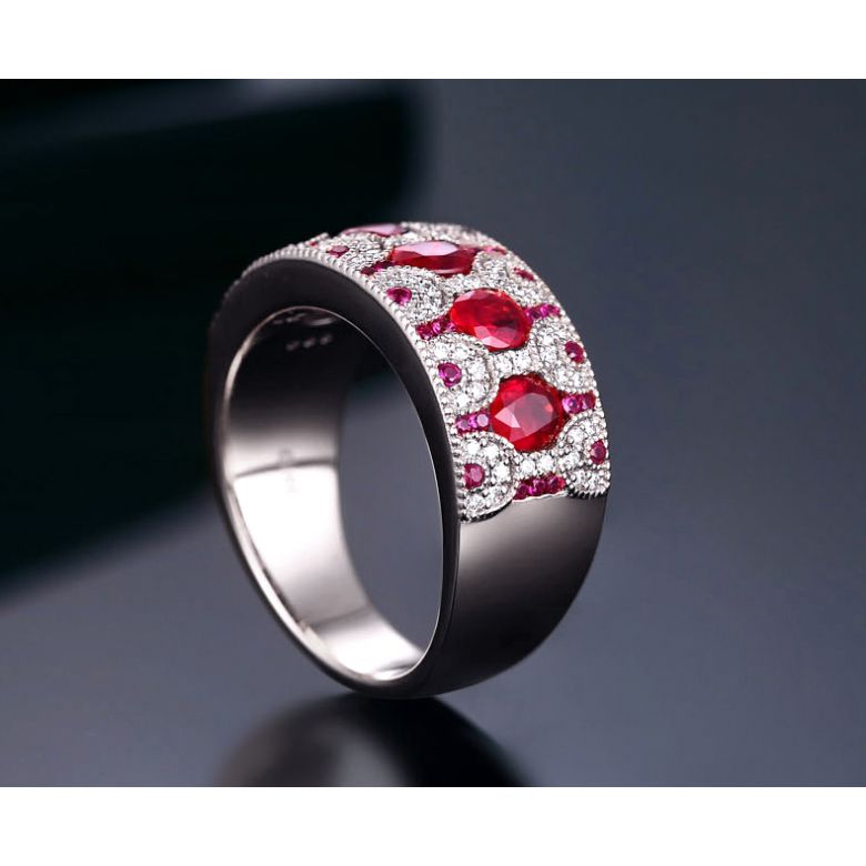 Anello Orientale a Paris - Oro Bianco, Riviera Mezzo Giro di Rubini e Diamanti - 4