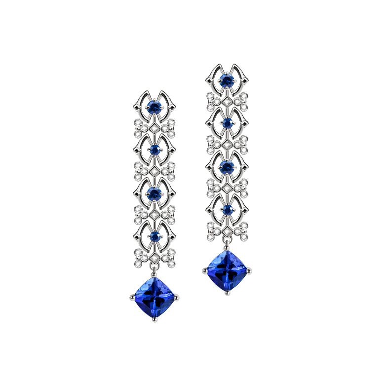 Orecchino zaffiro bleu, diamante - Oro bianco - 1