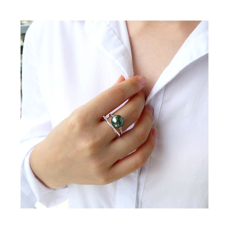 Anello perla di Tahiti, Oro bianco, diamanti - Saperlipopette - 7