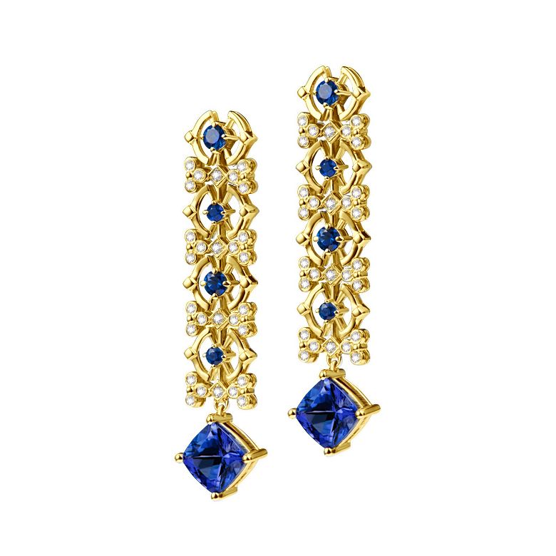 Orecchino Zaffiro blu, diamante - Oro giallo - 3