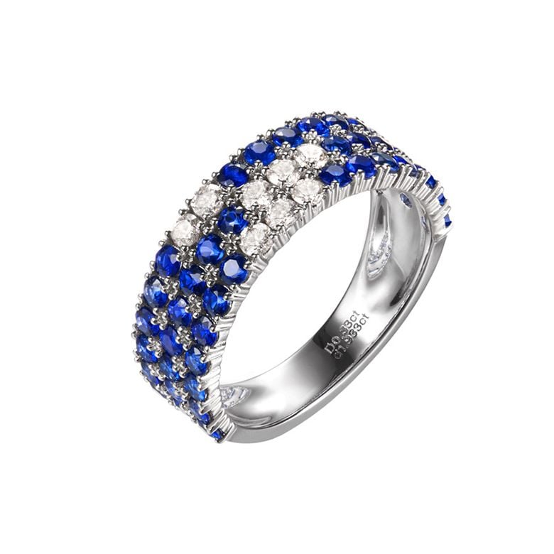 Anello Veretta Blue Lagoon - Oro Bianco, Mezzo Giro di Zaffiri & Diamanti - 1