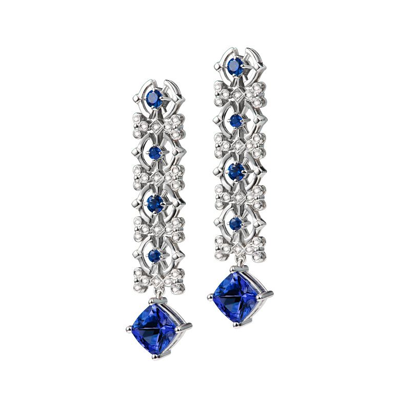 Orecchino zaffiro bleu, diamante - Oro bianco - 9