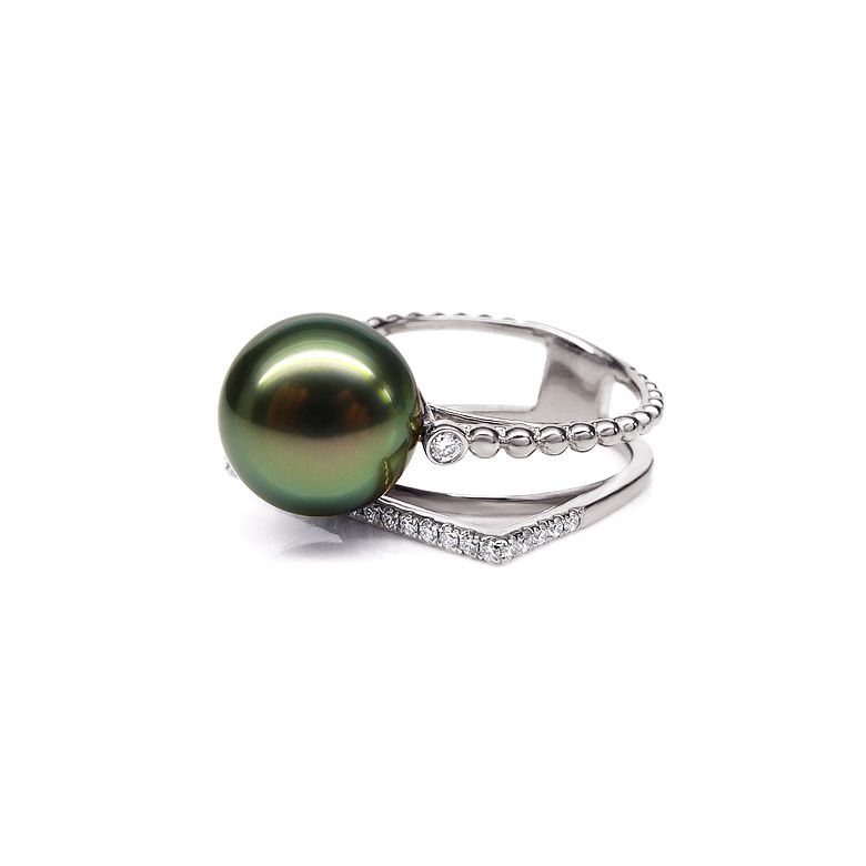Anello perla di Tahiti, Oro bianco, diamanti - Saperlipopette - 8