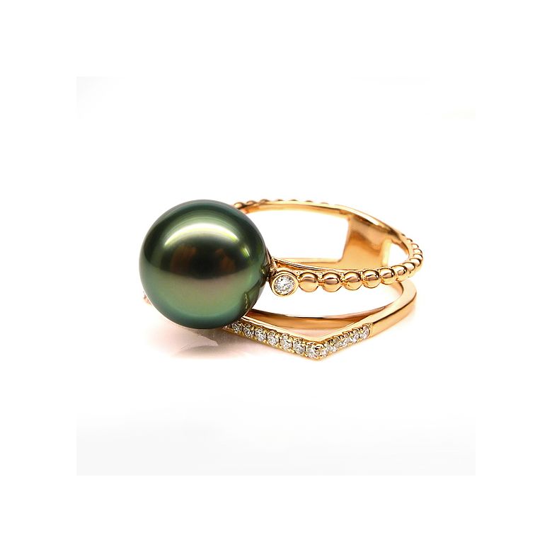 Anello perla di Tahiti, Oro giallo, diamanti - Saperlipopette - 7