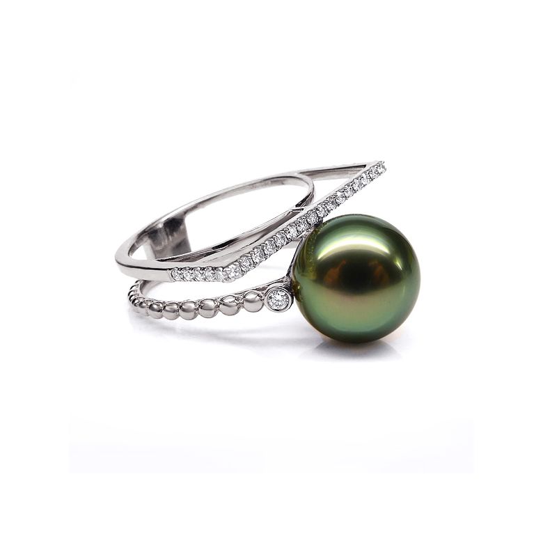 Anello perla di Tahiti, Oro bianco, diamanti - Saperlipopette - 9
